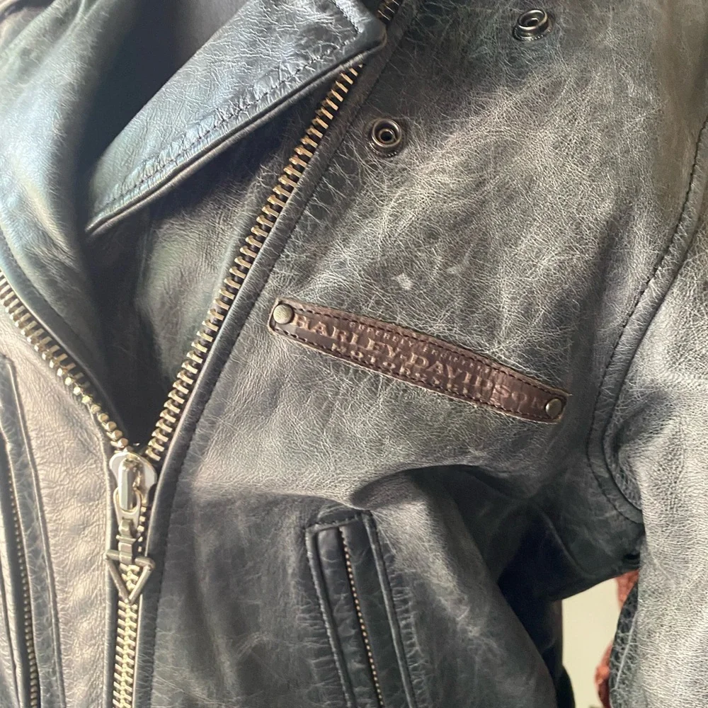 Womens distressed Harley Davidson leather moto jacket corset belt grey marled l - Picture 13 of 16